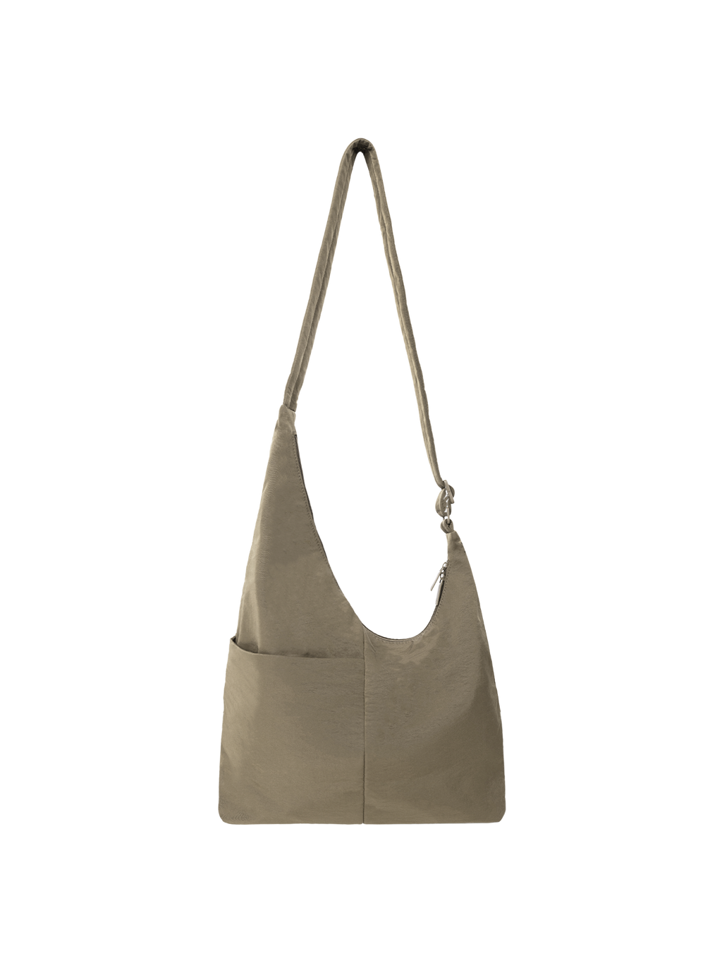 The Midi Arc slouchy hobo bag in beige nylon with adjustable strap for shoulder or crossbody wear