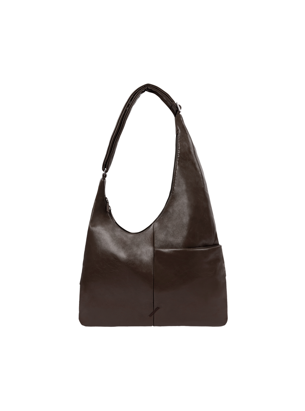 The Midi Arc slouchy hobo-style bag in dark brown vegan leather with adjustable shoulder strap